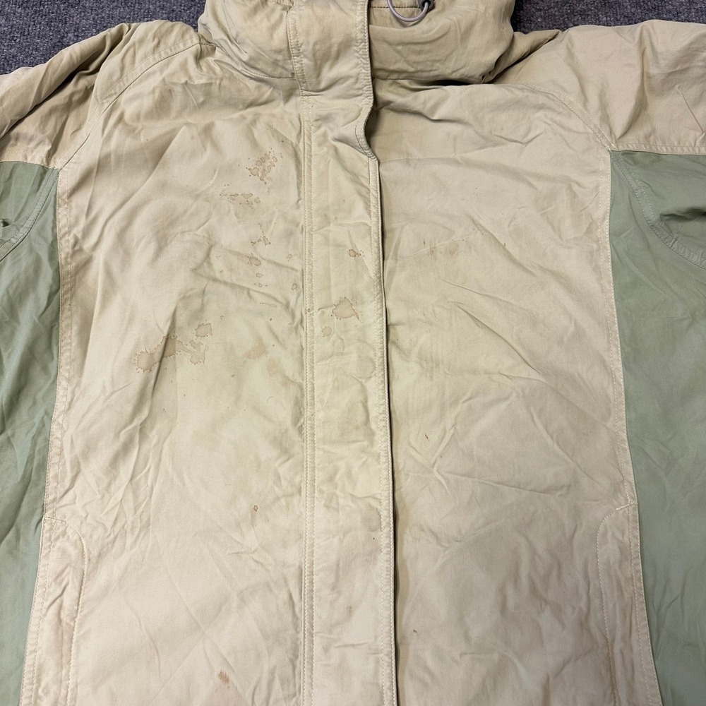 Columbia Jacket Womens XL Tan Green Colorblock Sherpa Lined Hooded Winter Stains